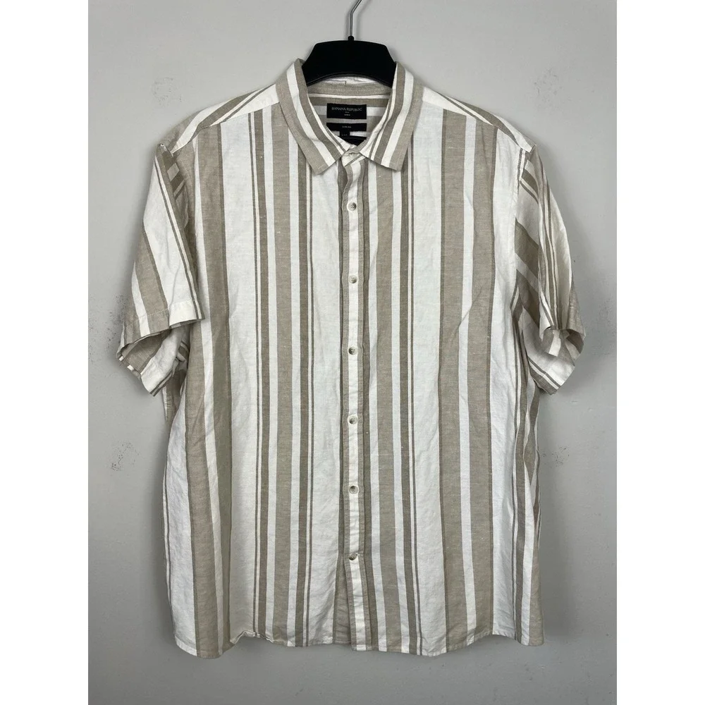 Banana Republic Shirt Mens XXL Linen Blend Slim Fit Brown Beige White Striped
